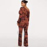 Women long-sleeved printed off-shoulder Top and Pant two-piece set