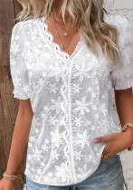 Women Summer Casual V-Neck Lace Patchwork Shirt
