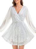 Women's Sequin Loose Party Dress Long Sleeve Casual Loose Mini Short Gown