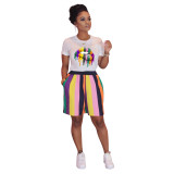 Women's Lip Print T-Shirt Stripe Shorts Sports Casual Two Piece Set