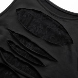 Women's Summer Solid Color Sexy Round Neck Sleeveless Lace Ripped Slim Vest Top