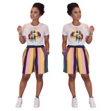 Women's Lip Print T-Shirt Stripe Shorts Sports Casual Two Piece Set
