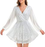 Women's Sequin Loose Party Dress Long Sleeve Casual Loose Mini Short Gown