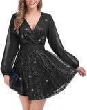 Women's Sequin Loose Party Dress Long Sleeve Casual Loose Mini Short Gown