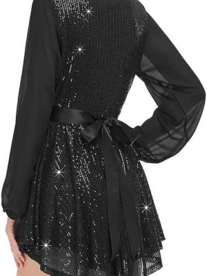 Women's Sequin Loose Party Dress Long Sleeve Casual Loose Mini Short Gown