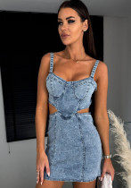 Summer Women's Fashion Sexy Strap Low Back Denim Dress