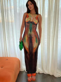 Women's Fashion Print Round Neck Sleeveless Sexy Slim Bodycon Long Dress