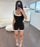Women's Spring Fashionable Contrast Color Ribbed Tight Fitting Romper Low Back One-Piece Casual Shorts