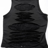 Women's Summer Solid Color Sexy Round Neck Sleeveless Lace Ripped Slim Vest Top