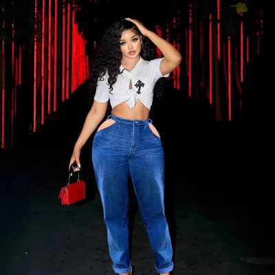 Women's Spring And Autumn High Waist Elastic Casual Ripped Straight Denim Pants