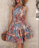 Fashion Printing Halter Ruffles Causal Dress