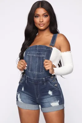 Stretch Ripped Strap Denim Shorts Jumpsuits