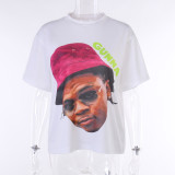 Round Neck Portrait Printed Short-Sleeved T-Shirt Summer Hip-Hop Style Loose Casual Top