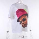 Round Neck Portrait Printed Short-Sleeved T-Shirt Summer Hip-Hop Style Loose Casual Top