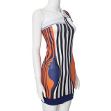Women summer one-shoulder sleeveless mesh print dress