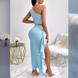 Women Summer Sexy Solid One-Shoulder Top and Ruffled Skirt Two-piece Set