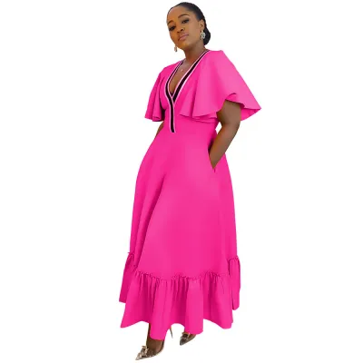 Plus Size Women V-Neck Ruffle Sleeve Pleated Casual Dress