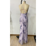Women Elegant Sequin Embroidered One Shoulder Slit Backless Party Dress