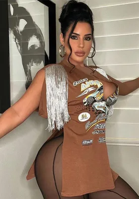 Women Summer Printed V-Neck Slit Tassel Loose T-Shirt