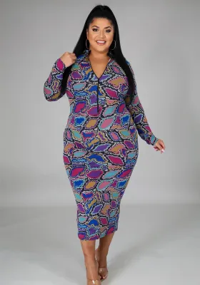 Plus Size Women V-neck Printed Long Sleeve Dress