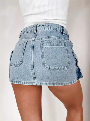 Women Summer Washed Style Pocket Asymmetrical Cargo Denim Skirt