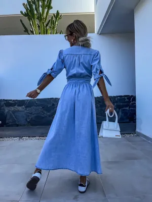 Women Sexy V-Neck Button Denim Dress