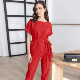 Career Women's Round Neck Short Sleeve Belt Top Set Long Pants Fashion Casual Two Piece Set