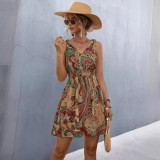 Spring Women's Printed V-Neck Sleeveless Casual Dress