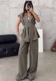 Fashion Casual Suit Sleeveless Oversize Belted Coat High Waist Pants Two Piece Set