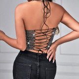Lace-Up Halter Neck Sexy See-Through Hollow Metal Cropped Tank Top