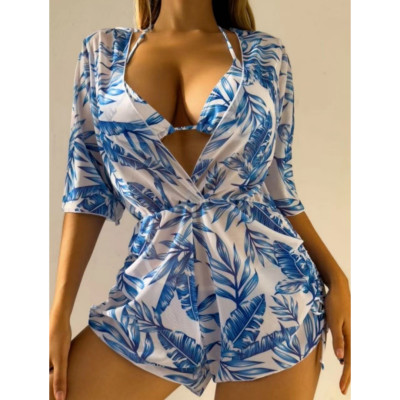 Leaf Print Bikini Fashion Long Sleeve SLim Waist Beach Sunproof Jumpsuit Three-Piece Swimsuit