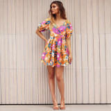 Women's Summer Printed V-Neck Lantern Sleeve Short Dress