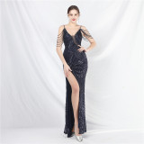 Elegant Beading Stripe Sequin Evening Gown