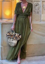 Spring Summer Style V-Neck Twist Slit Loose Casual Long Dress