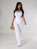 Women's Solid Color Strap Bodysuit Wavy Pattern Transparent Pants Two Piece Set