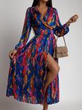 Women Spring Summer Printed V-Neck Long Sleeve Belt Dress