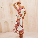 Women Elegant Printed Off Shoulder Slit Belt Dress