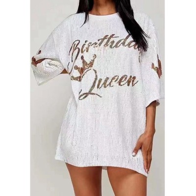 Plus Size Women Loose Round Neck Casual Sequined Short Sleeve T-Shirt
