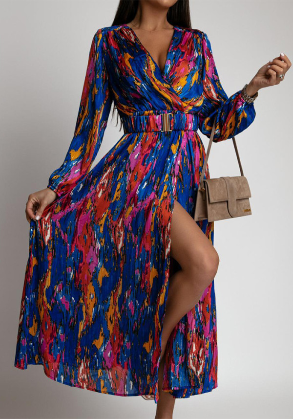 Women Spring Summer Printed V-Neck Long Sleeve Belt Dress