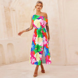 Women Elegant Printed Off Shoulder Slit Belt Dress