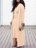 Women's Solid Color Ribbed Coat Slim V-Neck Dress Two-Piece Set