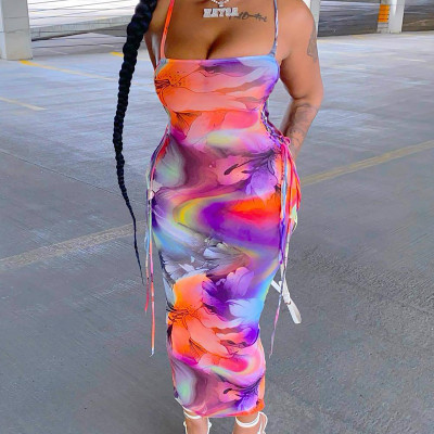 Street Trendy Printed Strap Lace-Up Long Dress
