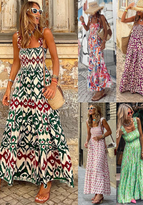 Summer Women's Printed Elastic Holidays Style Floral Strap Long Dress