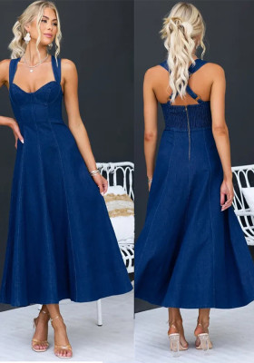 Chic Elegant Solid Slim Waist Strappy Denim Midi Dress