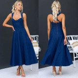 Chic Elegant Solid Slim Waist Strappy Denim Midi Dress