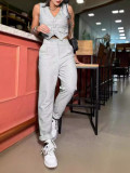 Women's Chic Elegant Solid Color Crop Top High Waist Pants Two-Piece Set