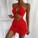 Women's Summer Sexy Strap Hollow Lace-Up Pleated Bodycon Dress
