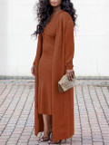 Women's Solid Color Ribbed Coat Slim V-Neck Dress Two-Piece Set