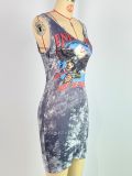 Women's Fashionable Sexy Slim Tank Dress Tie Dye Eagle Print Sleeveless Tight Fitting Dress