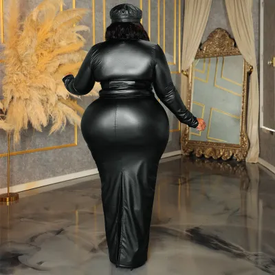 Plus Size Women's Pu Leather Long Sleeve Long Skirt Set